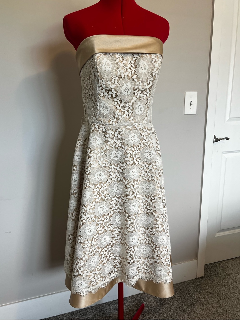 White House Black Market Strapless Ivory Lace Dress with Gold Trim